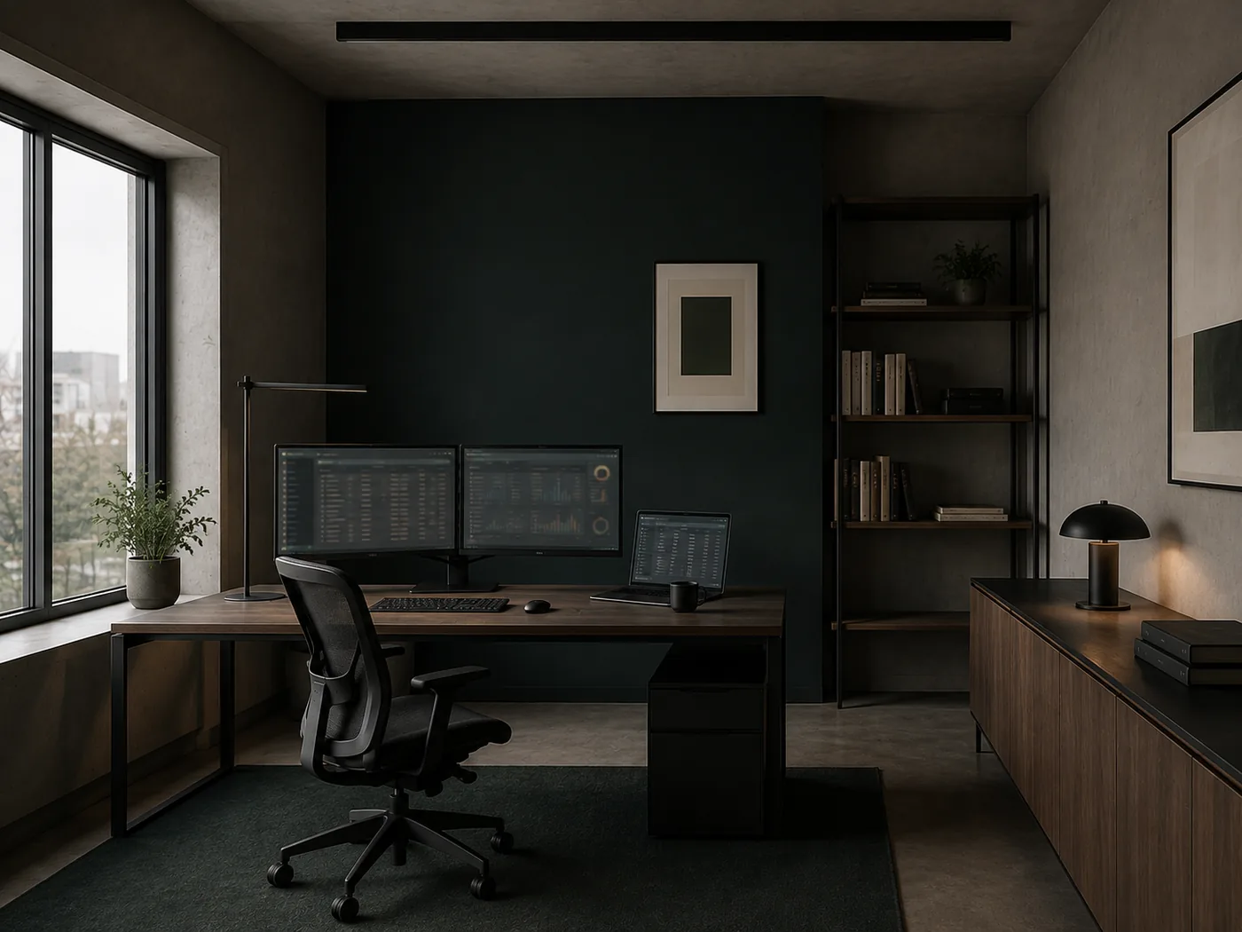 A working research desk in 2025: multiple screens, real tooling, one person concentrating