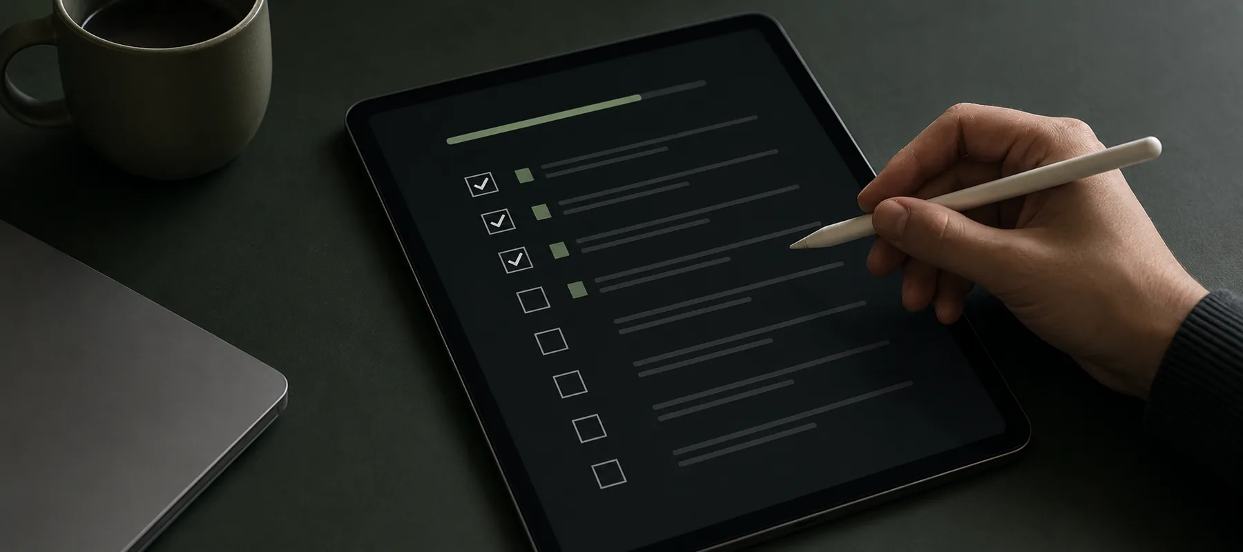 A buyer working methodically through evaluation criteria on their own screen